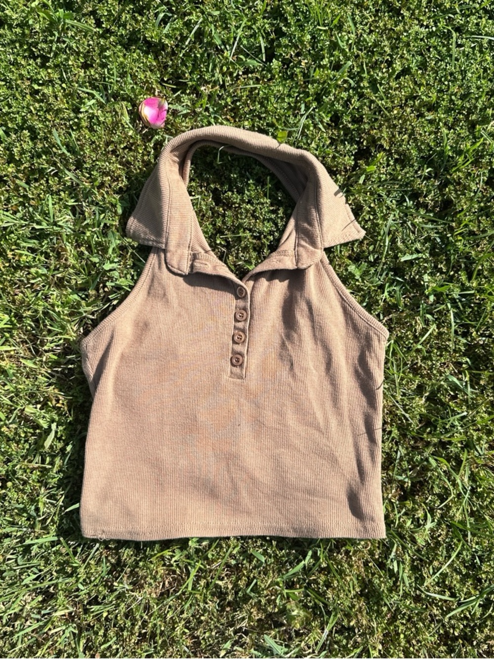 Tan Ribbed Collared Henley Crop Tank
